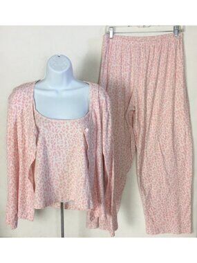 Victorias Secret 3 Piece Pajama Set Size L White Pink Camisole Cardigan Pants